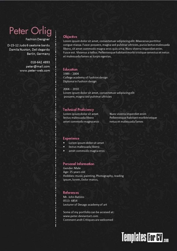fashion design resume template