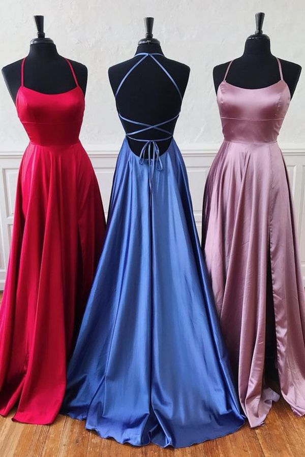 Great cheap red satin long prom dresses, criss cross back party dresses, senior prom d…