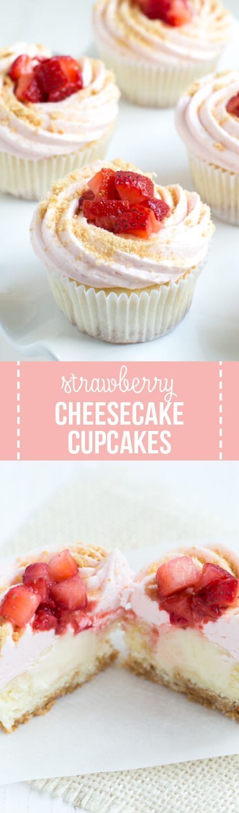 Vanilla cupcakes are stuffed with cream cheese filling and topped with strawberry buttercream and fresh strawberries to create Strawberry Cheesecake Cupcakes!