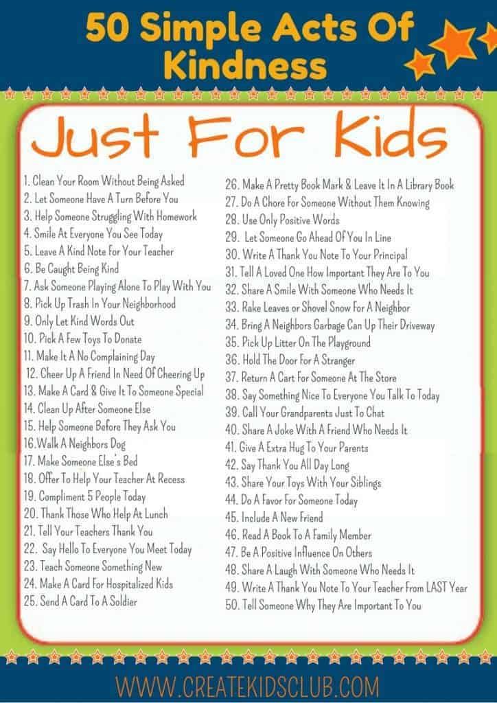 the 50 simple acts of kindness list for kids with text that reads, just for kids