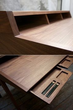May 25, 2016 - “It’s called the Laura Desk, and Klebba initially designed it for ShowPDX, a biyearly Portland-based furniture design competition. While the finished product is done up in the customer’s choice of ash, cherry, walnut or white oak, Klebba first worked it out using plywood and maple scraps for the top and legs, respectively.”