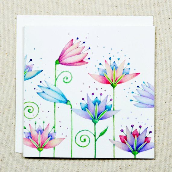 Watercolor violet flowers card Blue flowers note blank.