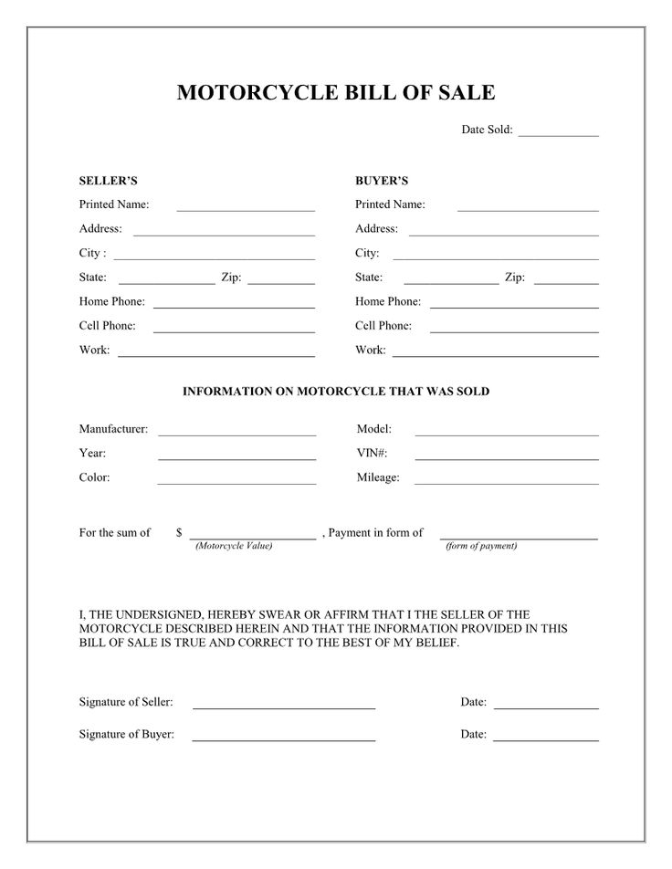 Free Printable Motorcycle Bill of Sale Form Template - bill of sale