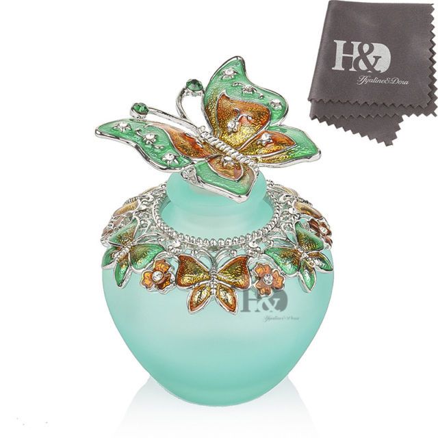H&D Handmade Vintage Empty Blue Crystal H&D Butterfly Perfume Bottle,Retro