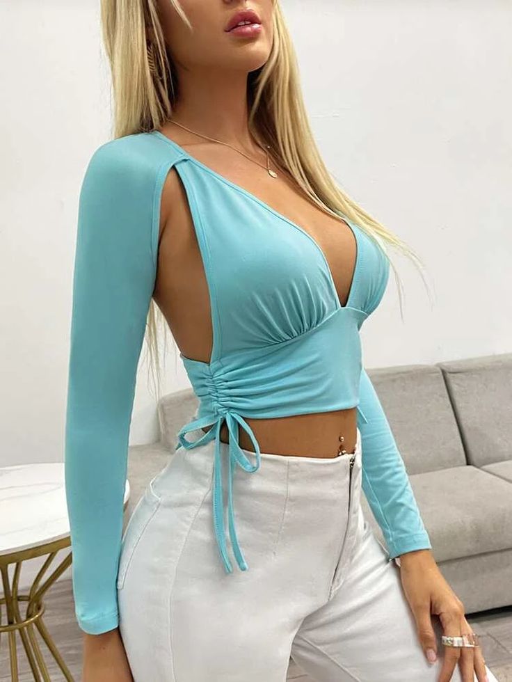 Drawstring Side Tie Backless Plunging Neck Top | SHEIN USA in 2022