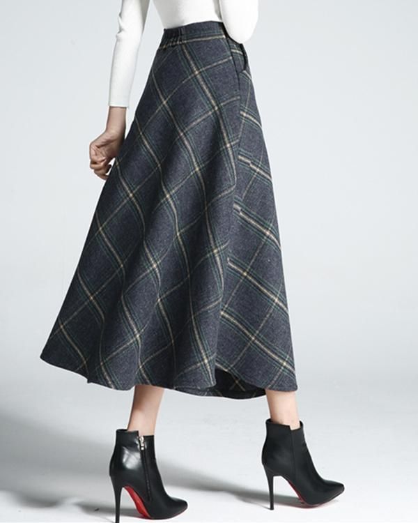 Wrodduy Women/'s Long Plaid Skirt Autumn Winter Warm Swing Skirt Thicken Elastic Waist Plaid A-Line Pleated Skirt