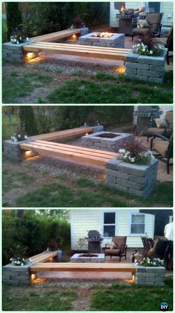 DIY Propane fire pit & Corner benches with landscape lighting and pillars with p...