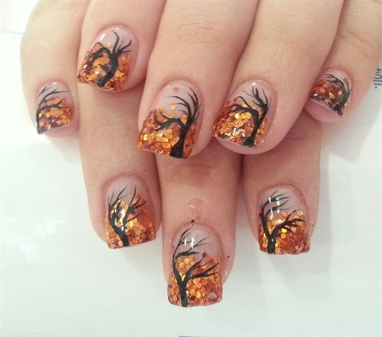 310 Best Fall Nails Images On Pinterest Make Up, Fall Nails And A wonderful looking fall tree nail art design using clear background, black polish for the tree and orange sequins for the leaves. - 310 Best Fall Nails Images On Pinterest Make Up, Fall Nails And
