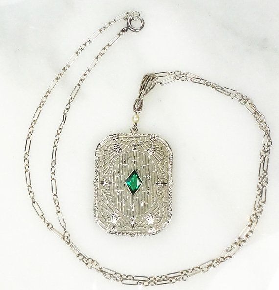 Gold Filigree Locket Necklace Green Stone