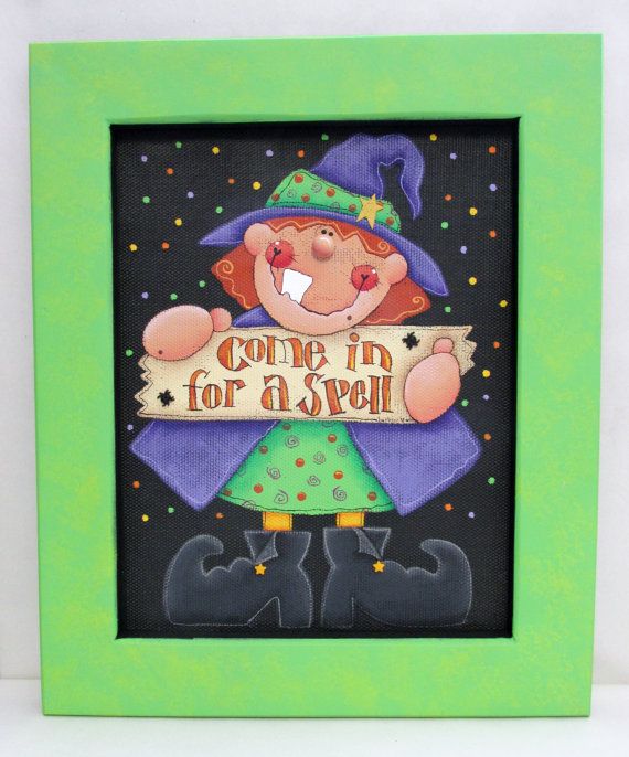 whimsical halloween witch with sign come in for a spell tole painted reclaimed