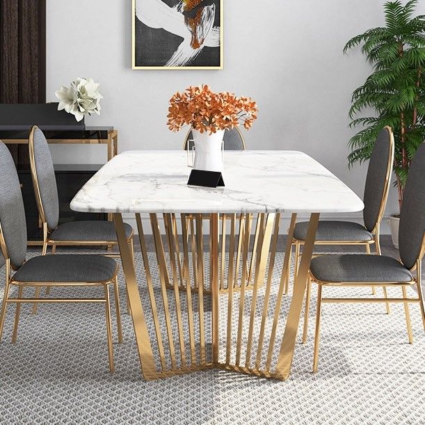 Contemporary 63 Rectangular Faux Marble Dining Table Gold Base Stainless Steel In 2020 Dining Table Marble Faux Marble Dining Table Dining Table Design Modern