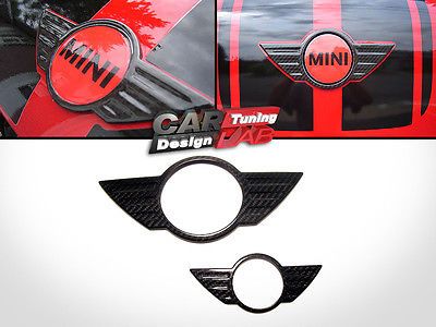 (2)Carbon Trunk+Hood Emblem Badge Cover Overlay for Mini Cooper S