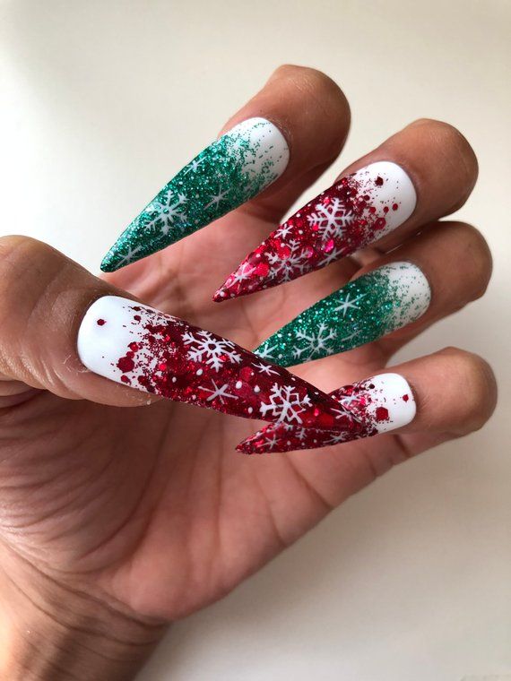 Christmas Red And Green Glitter Ombre With Hand Painted Snow