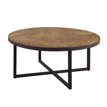 Emerald Home Denton Antique Pine 36 Coffee Table With Round Pieced Top And Metal Base Com Wood Emerald Home Denton Antique Pine 36, Round Wooden Coffee Table With Metal Base