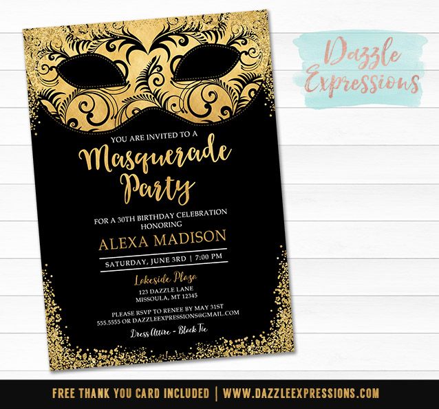 Printable Black and Gold Masquerade Invitation | Elegant Birthday Party | Black Tie Event | Mask or Costume Party | 16th, 18th, 21st, 30th, 40th, 50th Invitation | Favor Tags | Cupcake Toppers | Sign | Photo Props | Food Label | Banner | Party Package Decor
