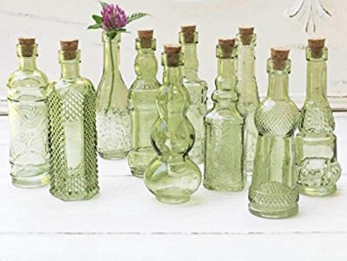 Assorted Shapes 5 Inch Tall Bud Vases Set of 10 Blue Vintage Glass Bottles with Corks