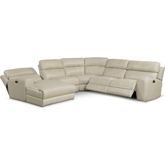 Newport 5 Piece Power Reclining Sectional With Left Facing Chaise And 2 Recliners Cream Value C Left Facing Chaise Reclining Sectional Value City Furniture
