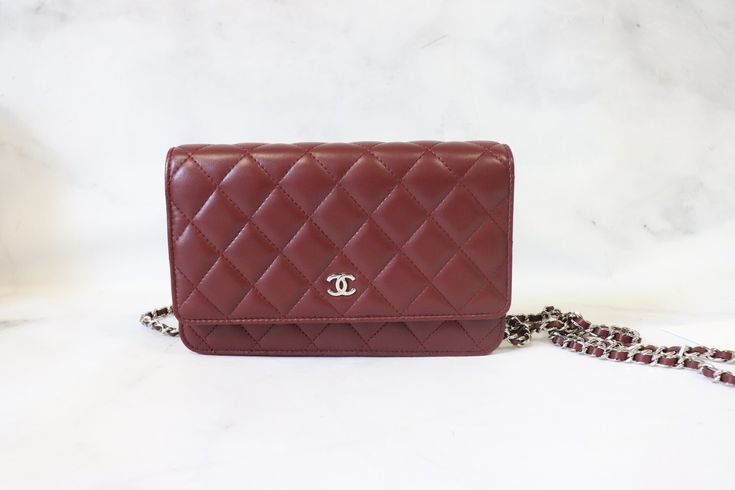 Chanel Wallet on Chain Burgundy Red Lambskin Leather, Silver