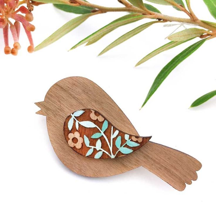 Inky long tailed tit eco wooden pin brooch