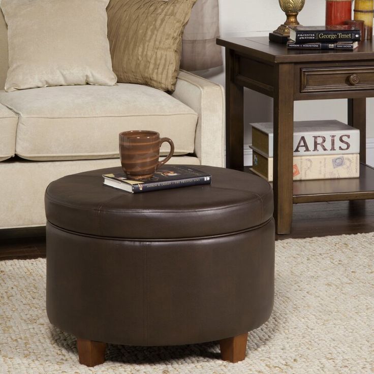 Breyonce 24 Wide Faux Leather Round Storage Ottoman With Brown Faux Leather Round Storage Ottoman, Large Round Ottoman With Shoe Storage