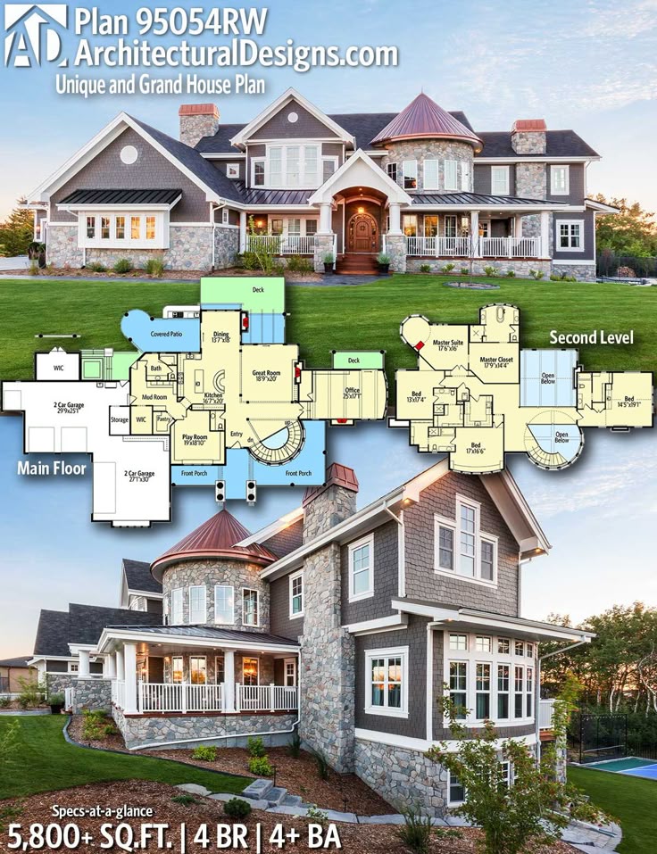 Architectural Designs Home Plan 95054RW gives you 4 bedrooms, 4+ baths and 5,800...