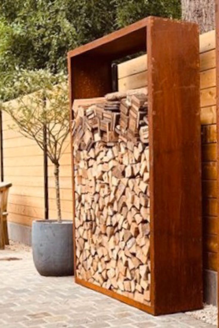Holzaufbewahrung Garten Kamingholzregal aus Cortenstahl | Sichtschutz garten holz