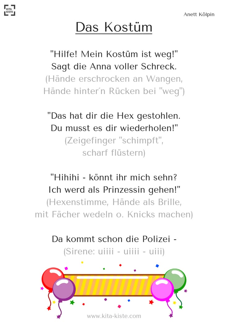 “Das Kostüm” Fingerspiel zum Fasching “Das Kostüm” Fingerspiel zum Fasching