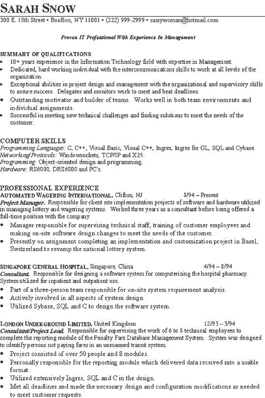 project manager skills resumes
