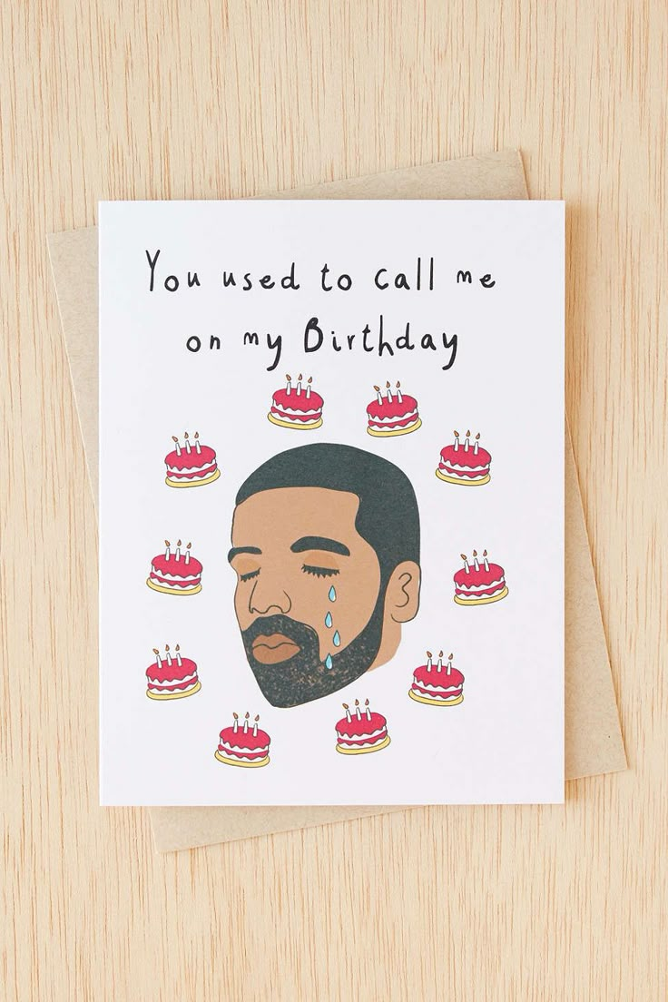 a birthday card with an image of a man's face and cake on it