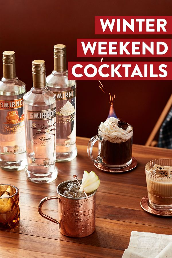 Check out these delicious winter cocktail recipes from Smirnoff, the world’s number one name in flavors. Recipes: Caramel Apple Mule: 1.5 oz Smirnoff Caramel, 0.5 oz lime juice, 3.5 oz apple cider, 4 oz ginger beer. Serve over ice in a mug. Garnish with apple slice. Vanilla White Russian: 1.5 oz Smirnoff Vanilla, 0.5 oz coffee, heavy cream, to fill. Serve over ice in a glass. Frosty Coffee: 1.5 oz Smirnoff Whipped Cream, 6 oz coffee, whipped cream. Serve in a mug topped with whipped cream.