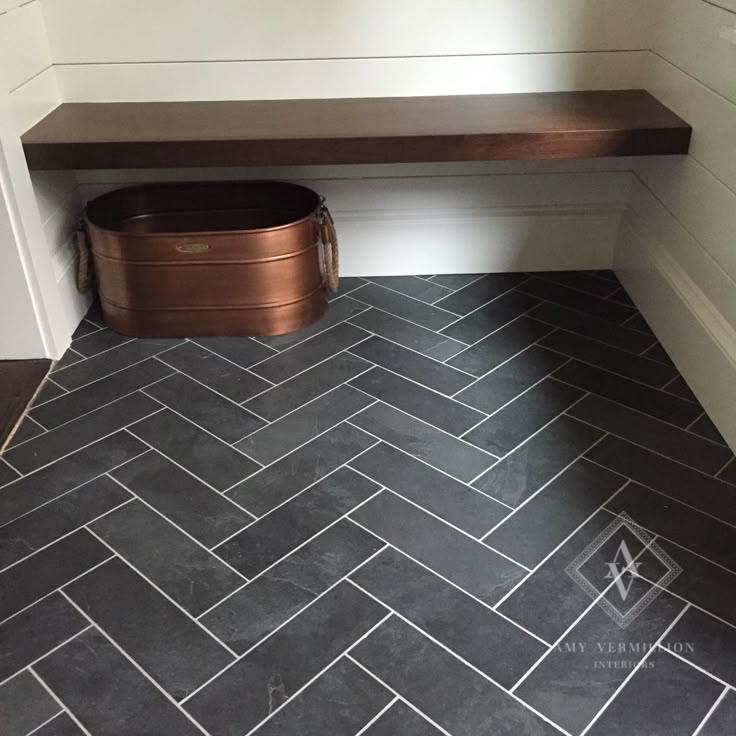 Amy Vermillions Home Hand Cut Herringbone Slate Tile Floor In Mudroom Ship Lap Walls Walnut Bench