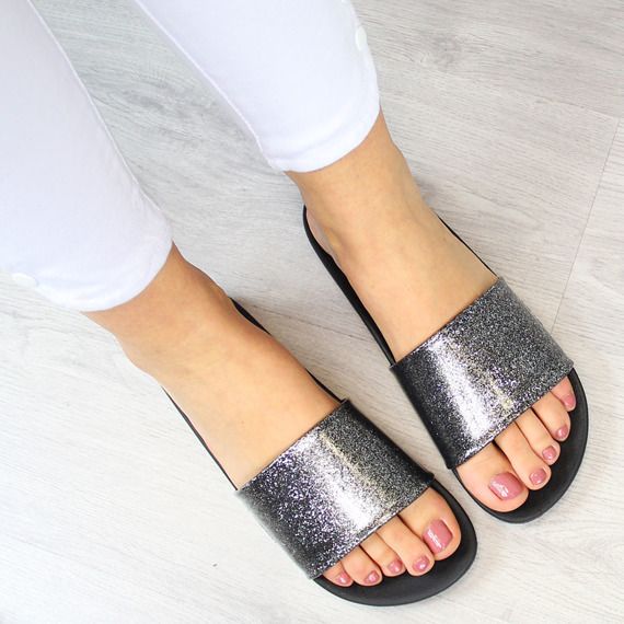 Black Glitter Zaxy Snap Glitter Slide Beach Sliders