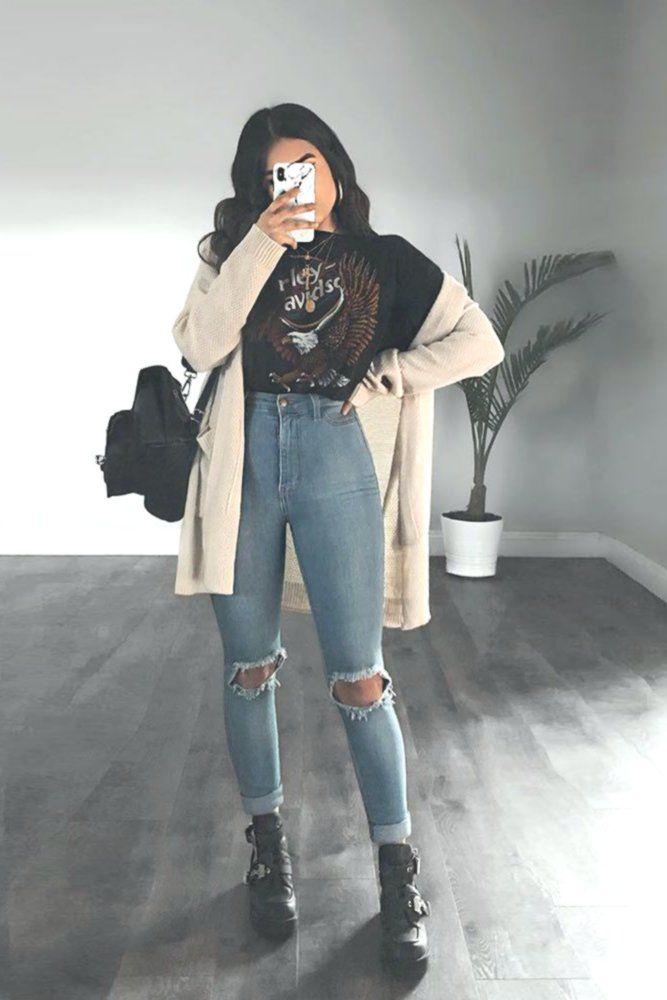 Torn denims with lengthy cardigan #longcardigan #rippedjeans ★ Edgy Grunge Type ..., #Cardiga...