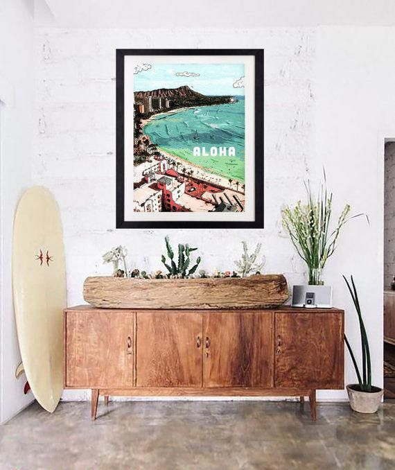 The Iconic Landscape Of Diamond Head Over Looking Surfers Beach The Iconic Landscape Of Diamond Head Over Looking Surfers Beach Goers And Pers Waikiki Is Painted In Vintage Hawaii Style Bedroom