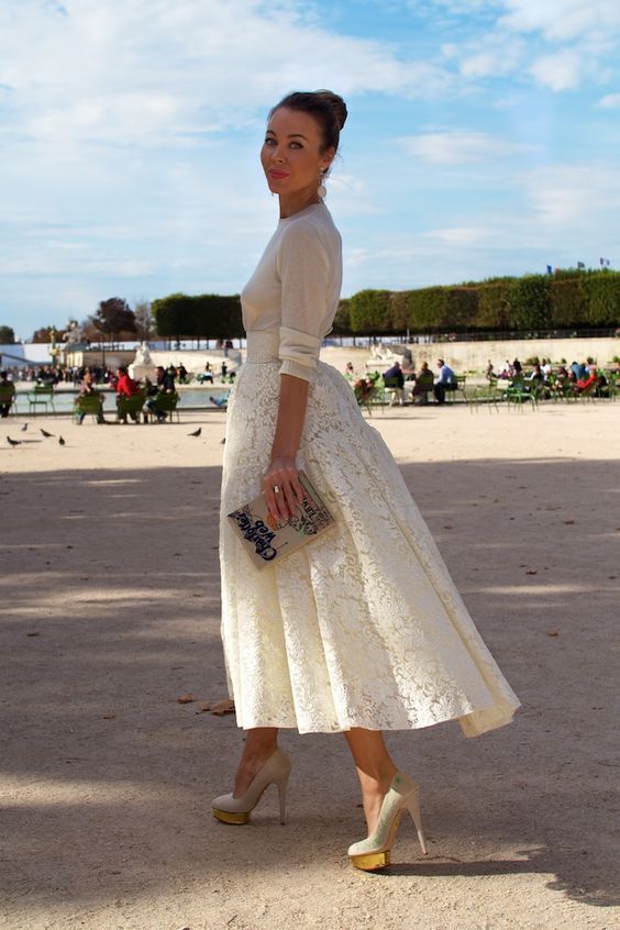 Long lace skirt + tucked in sweater.