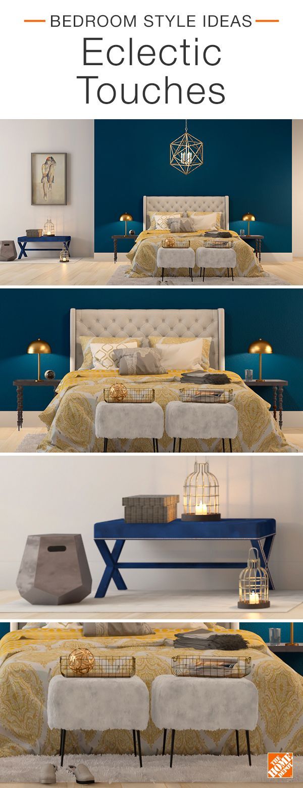 Creating an eclectic look is all about contrast, both with color and texture. In this eye-catching bedroom, bright marigold bedding shines against a jewel-toned accent wall in BEHR Nocturnal Sea. A velvet bench, brass lamps and fuzzy foot stools provide the stylish space with plenty of personality. Click to shop this look.