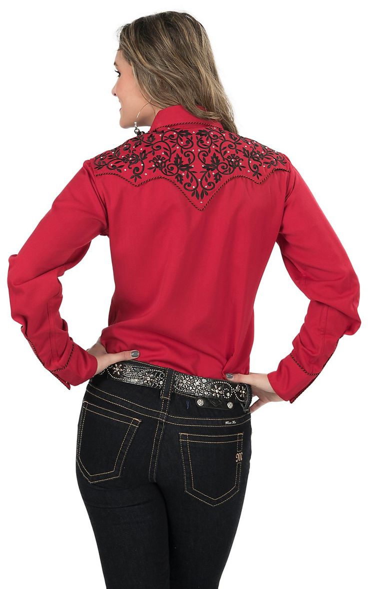 Wrangler Rock 47 >> Life Style Women's Red with Black Floral Embroidery Long ... Wrangler Rock 47 >> Life Style Women's Red with Black Floral Embroidery Long ...