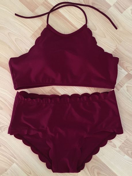 Wheretoget - Burgundy halter neck scalloped bikini
