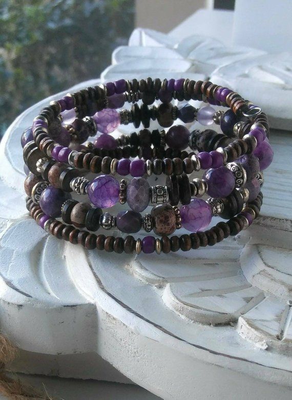Beaded Purple Wrap Bracelet For Her,Bohemian Inspired Jewelry,Purple Beaded Stack Wrap,Artisan Bracelet,Jewelry,Charm Bracelet,Gift For Her