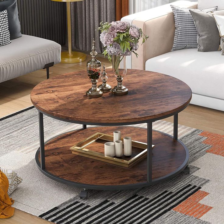 Pin On Chic Furniture Pin On Chic Furniture, Rustic Natural Round Coffee Table With Storage Shelf For Living Room