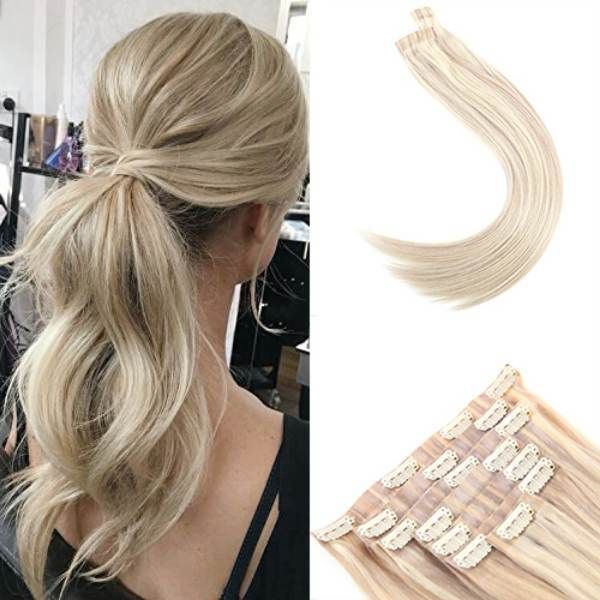 Seamless Pu Clip In Human Hair Extensions Ash Blonde Highlight