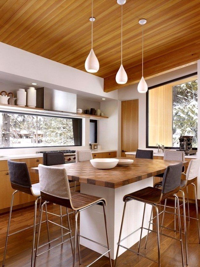 29 Awesome Kitchen Lighting Designs To Accent The Spa In Your Home 29 Awesome Kitchen Lighting Designs To Accent The Spa In Your Home Small White Wooden Table Surrounded By High Brown Stools Set Under Decorative