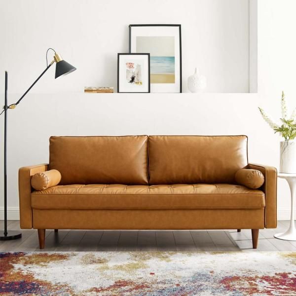 Modway Valour 73 In Tan Faux Leather 3 Seater Tuxedo Sofa With Square Arms Eei 3765 Bed Faux Leather Sofa, Faux Leather Tuxedo Sofa