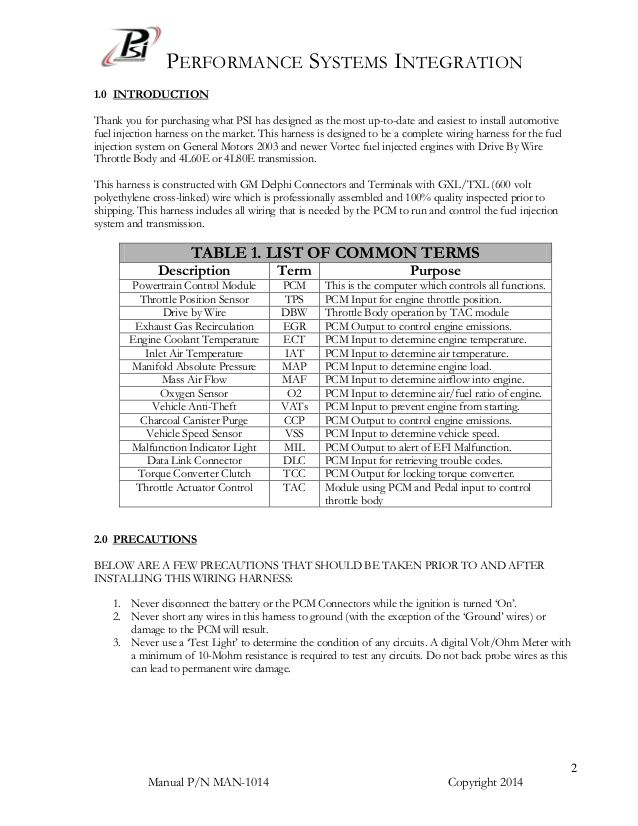 Har 1014 Vortec Dbw Wiring Harness Manual And Instructions