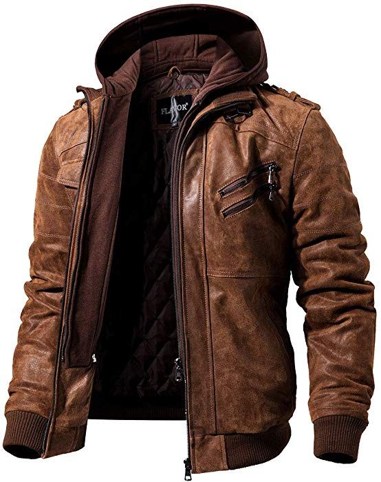 FLAVOR Echtes Lederjacke Herren Abnehmbarer Hoodie (XS, Braun): Amazon.de: Bekle...