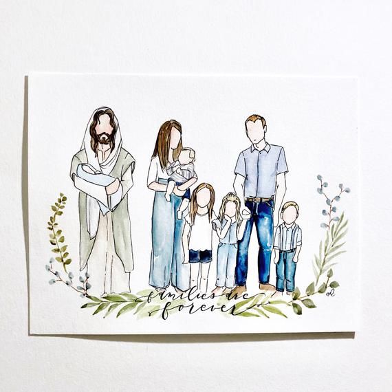Custom Portrait With Christ Family With Jesus No Face Portrait Watercolor Kids With Jesus Christ Baby Wit Custom Portraits Family Drawing Jesus Christ Lds