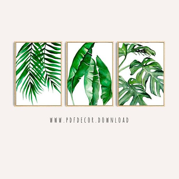 Set of 3 prints watercolor leaves set, palm leaves prints printable palm leaves Printable wall art set palm prints set Palm prints