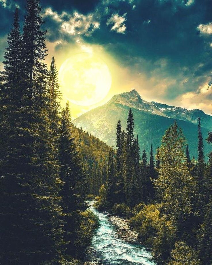 a river running through a lush green forest under a full moon filled sky with mountains in the distance