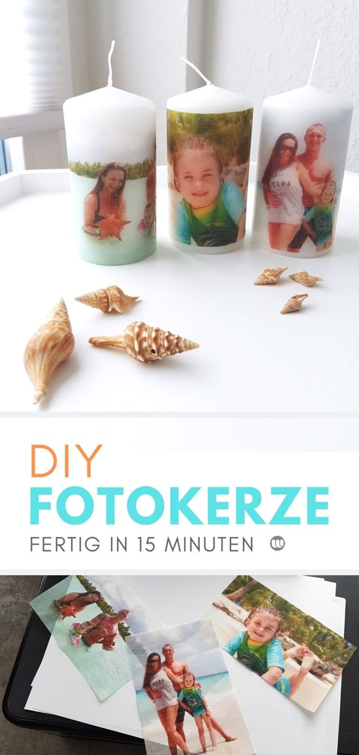 three candles sitting on top of a table next to shells and seashells with the words diy fotokerze fertic in 15 minuten