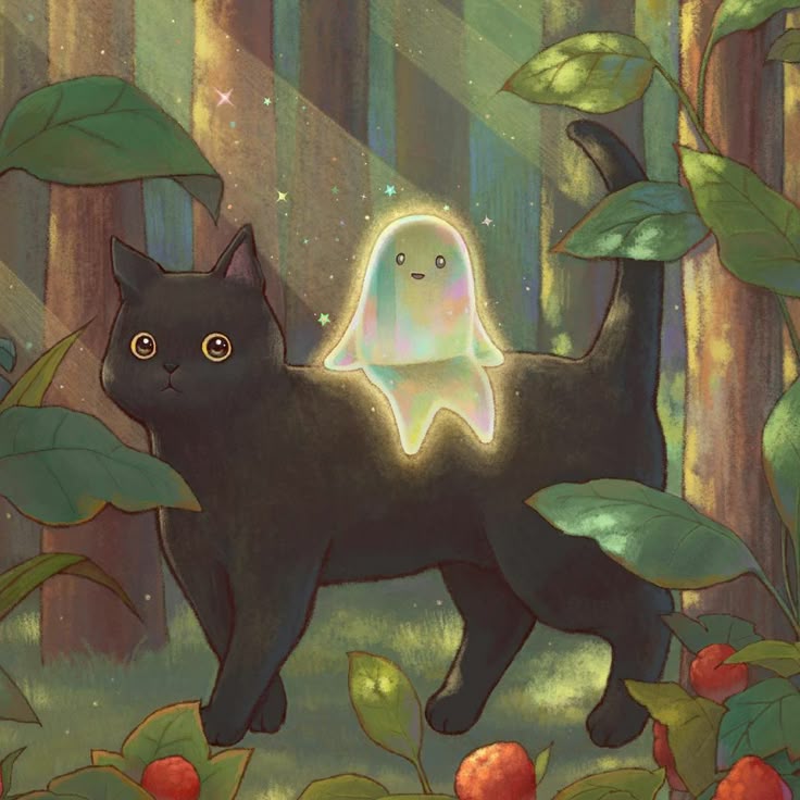 A Black Cat Standing In The Middle Of A Forest With A Ghost On Its Back a-black-cat-standing-in-the-middle-of-a-forest-with-a-ghost-on-its-back